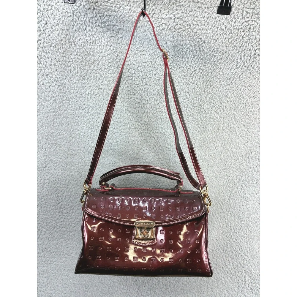Arcadia Monogram Embossed Satchel Crossbody Bag Womens M Burgundy Patent Italy